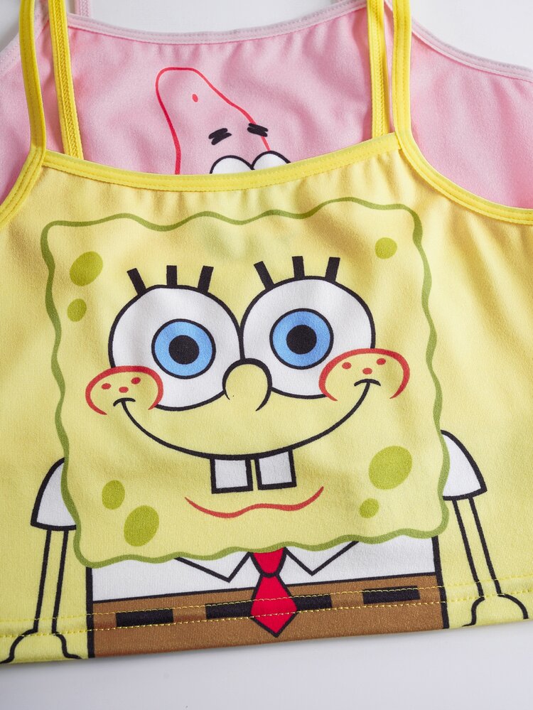 SpongeBob SquarePants | SHEIN Conjunto de lencería con top de tirantes y pantalones tipo short con estampado de dibujos animados para niña - Multicolor - Añade 4