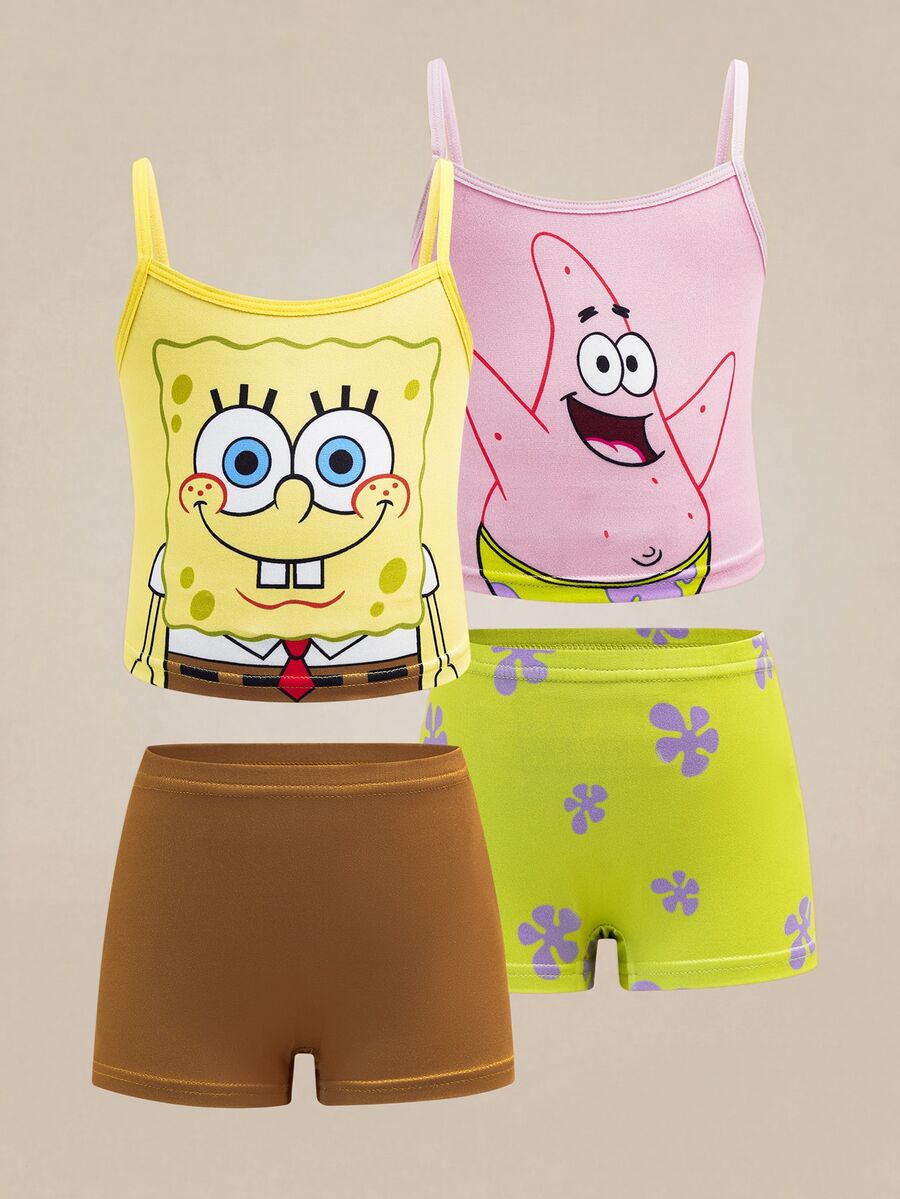 SpongeBob SquarePants | SHEIN Young Girl Cartoon Pattern Camisole Top And Boyshorts Panties Lingerie Set - Multicolor - View 1