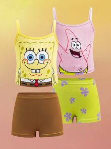 SpongeBob SquarePants | SHEIN Young Girl Cartoon Pattern Camisole Top And Boyshorts Panties Lingerie Set - Multicolor - View 9