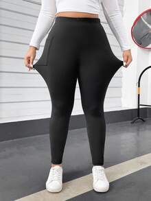 SHEIN Essnce 大码女装春夏时尚休闲舒适日常高弹力黑色修身带口袋打底裤，春季，女式下装，女士机场装，曲线裤，女士街头服饰，外出 - 黑色 - 查看 4