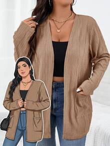 SHEIN Essnce 大尺碼純色口袋休閒時尚百搭日常穿著長袖開襟衫 秋季辦公 Rodeo 棕色 - 卡其色 - 查看 7