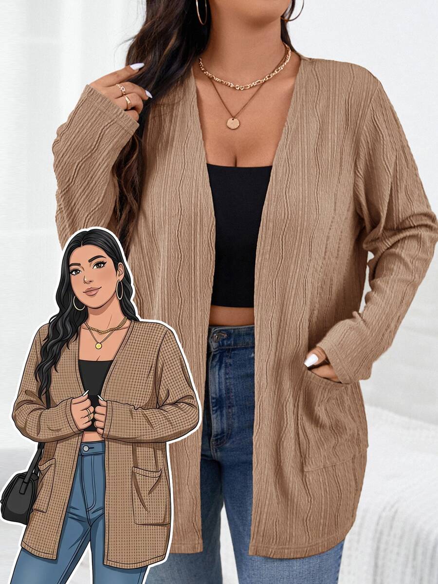 SHEIN Essnce كارديجان طويل الأكمام بلون موحد مع جيب، كاجوال أنيق متعدد الاستخدامات للارتداء اليومي، مناسب للخريف والمكتب، بني روديو، مقاسات كبيرة - كاكي - مشاهدة 1