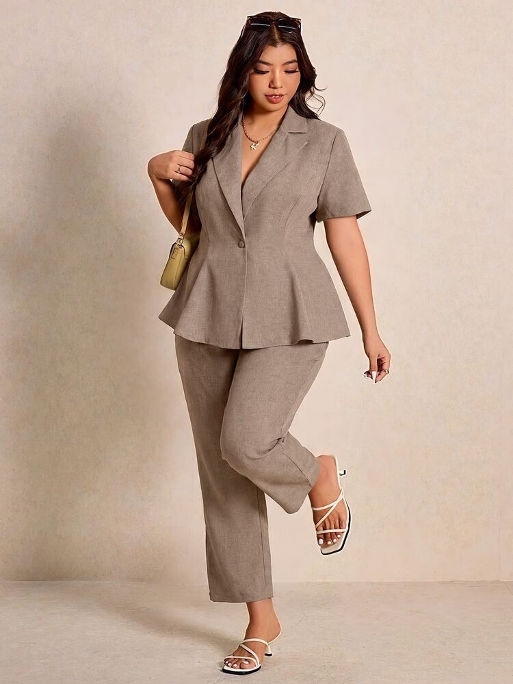 Elaquor Plus Size Summer Casual Elegant Solid Color Shirt And Pants 2 Pieces Set Office Work Formal Bussines Brunch Chocolate Brown Teachers' Day - Khaki - View 4