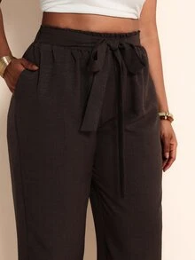 Elaquor Plus Size Women's Solid Color Waist Tie Pocket Jogger Pants Casual Traditional Summer Vacation Going Out Chocolate Brown - Coffee Brown - View 7