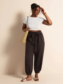 Elaquor Plus Size Women's Solid Color Waist Tie Pocket Jogger Pants Casual Traditional Summer Vacation Going Out Chocolate Brown - Coffee Brown - View 6