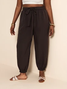Elaquor Plus Size Women's Solid Color Waist Tie Pocket Jogger Pants Casual Traditional Summer Vacation Going Out Chocolate Brown - Coffee Brown - View 5