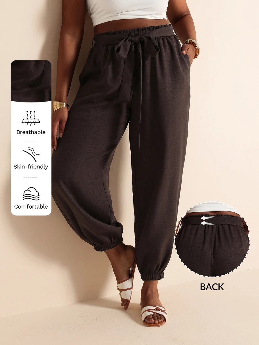 Elaquor Plus Size Women's Solid Color Waist Tie Pocket Jogger Pants Casual Traditional Summer Vacation Going Out Chocolate Brown