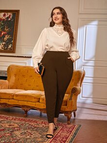 SHEIN Essnce Plus Size Women's Slanted Pocket Tapered Pants Spring To Summer - Coffee Brown - View 7