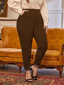 SHEIN Essnce Plus Size Women's Slanted Pocket Tapered Pants Spring To Summer - Coffee Brown - View 2