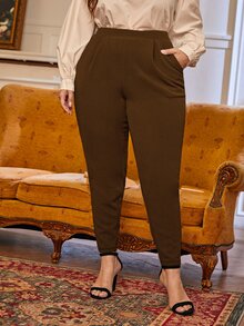 SHEIN Essnce Plus Size Women's Slanted Pocket Tapered Pants Spring To Summer - Coffee Brown - View 4