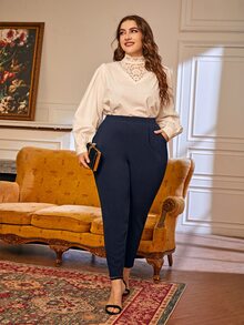 SHEIN Essnce Plus Fold Pleated Slant Pocket Pants Spring To Summer Fall - Navy Blue - View 5