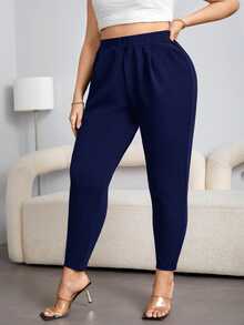 SHEIN Essnce Plus Solid Slant Pocket Trousers - Navy Blue - View 5