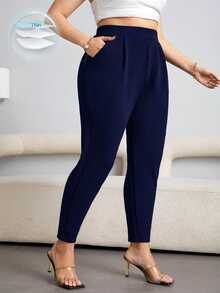 SHEIN Essnce Plus Solid Slant Pocket Trousers - Navy Blue - View 7