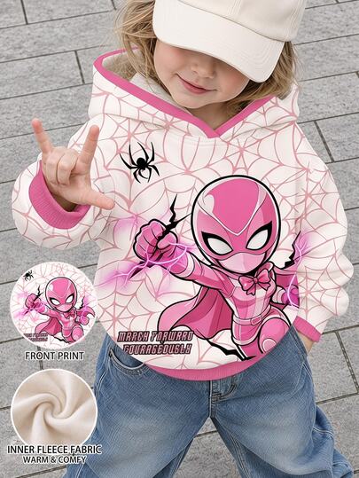 SHEIN Cool Sweetheart Style Rose Pink Ghost Spider Superhero Girl, Toddler Casual Minimalist Thick Soft Comfortable Hooded Sweatshirt, Suitable For Autumn/Winter Daily, Outings, Street Photography, Sports, Movie Fans, Fashion Back To School Season, Favorite Superhero, High Street Soft Girl Outfit, Girl Power, American High Street, Sweet Cool Girl, Relaxed Fashion
