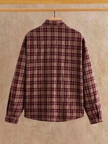 HIMLAND 男士格紋襯衫，長袖鈕扣領，復古格紋襯衫，酒紅色法蘭絨上衣，休閒領襯衫，秋季男裝，美式復古 - 棕色 - 查看 3