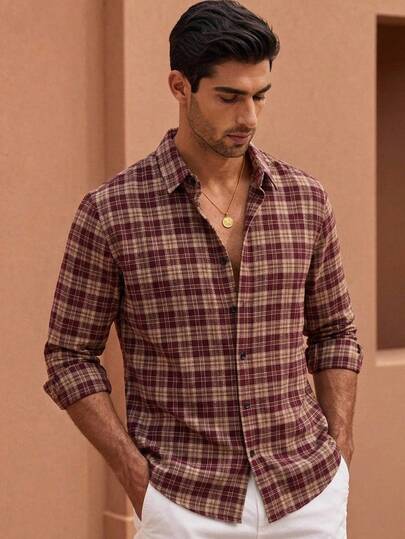 HIMLAND Men's Plaid Shirt, Long Sleeve Button-Down, Vintage Checkered Shirt, Burgundy Flannel Top, Casual Collared Shirt, Autumn Menswear, American Retro