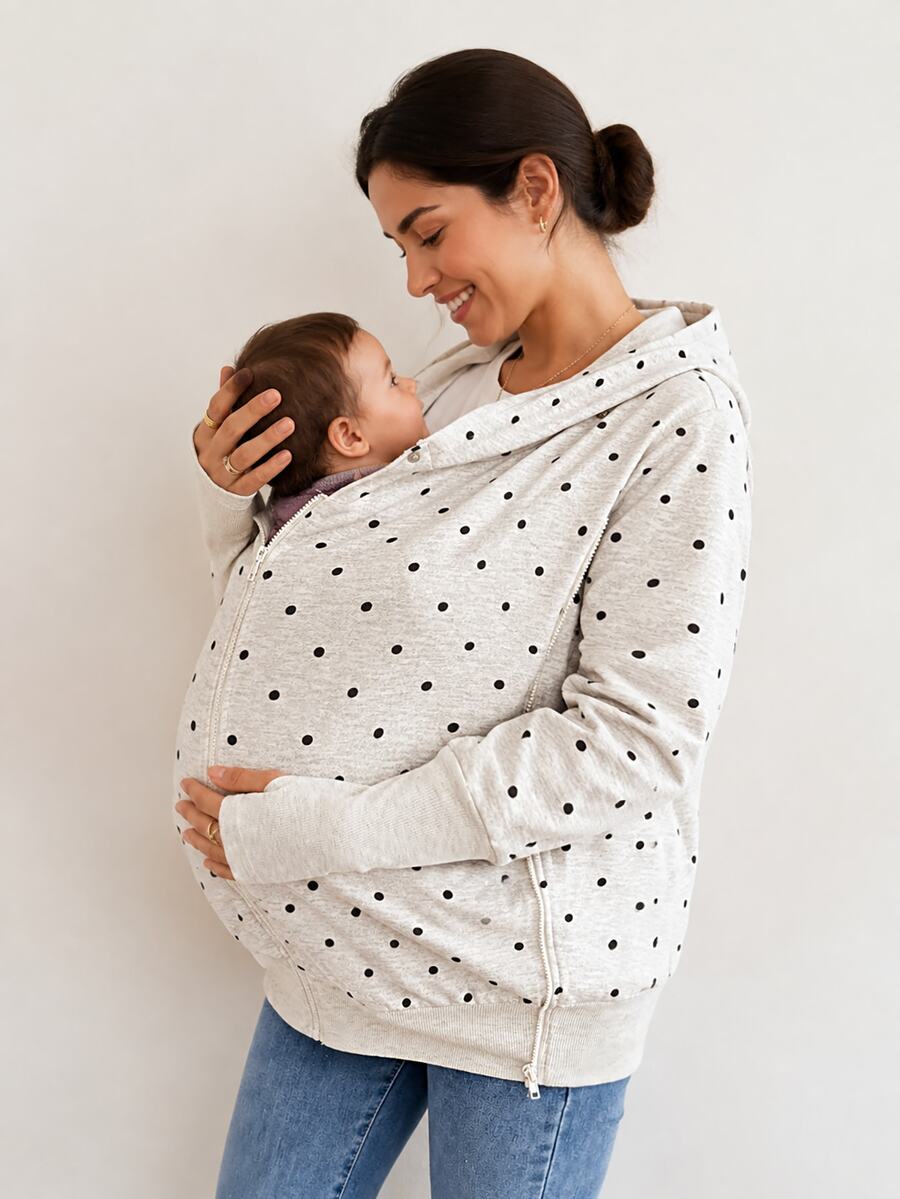 SHEIN Maternity Polka Dot Pattern Zipper Front Hooded 3-In-1 Jacket Fall - Light Grey - View 1