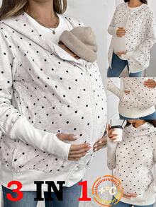 SHEIN Maternity Polka Dot Pattern Zipper Front Hooded 3-In-1 Jacket Fall - Light Grey - View 1