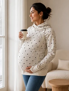 SHEIN Maternity Polka Dot Pattern Zipper Front Hooded 3-In-1 Jacket Fall - Light Grey - View 2