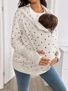SHEIN Maternity Polka Dot Pattern Zipper Front Hooded 3-In-1 Jacket Fall - Light Grey - View 7