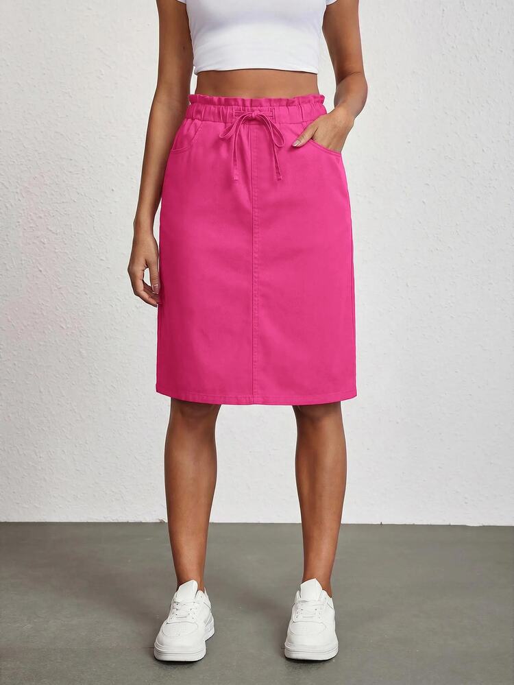SHEIN Tall Women's Frill Trim Waist Tie Pocket Casual Denim Skirt, Tall Women - Pink - View 1