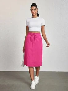 SHEIN Tall 女款荷葉邊飾腰部綁帶口袋休閒牛仔裙，適合高個女性 - 粉色 - 查看 5
