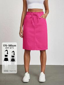 SHEIN Tall 女款荷葉邊飾腰部綁帶口袋休閒牛仔裙，適合高個女性 - 粉色 - 查看 7