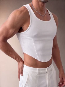 ZURIURI White Ribbed Curved Hem Cropped Tank, Y2K Streetwear, Summer, Club Night Daily Casual, Men Slim Fit - White - View 5