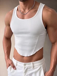 ZURIURI White Ribbed Curved Hem Cropped Tank, Y2K Streetwear, Summer, Club Night Daily Casual, Men Slim Fit - White - View 6