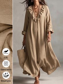 Linhara CURVE Women's Plus Size V-Neck Long Sleeve Dress, Autumn/Winter Sleeve Style Linen Dress Fall - Apricot - View 1