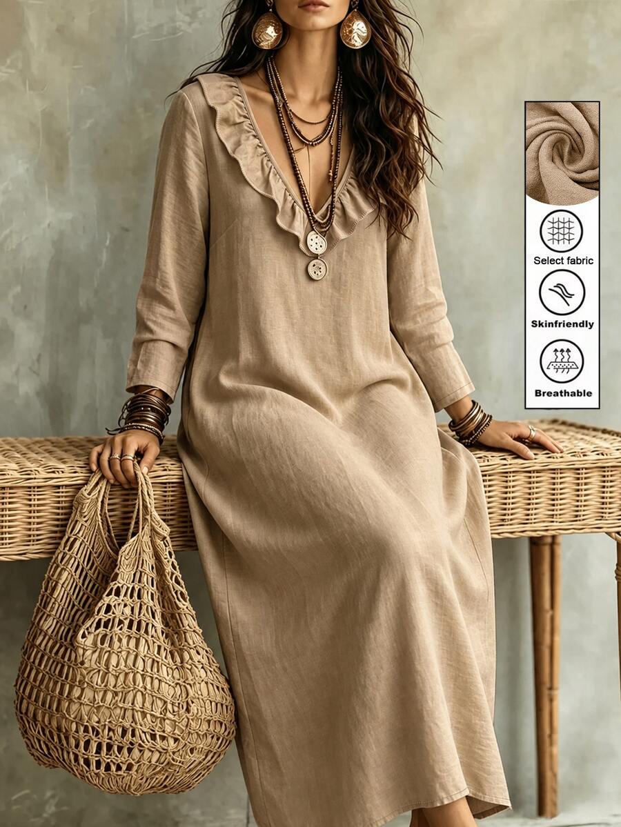 Linhara CURVE Women's Plus Size V-Neck Long Sleeve Dress, Autumn/Winter Sleeve Style Linen Dress Fall - Apricot - View 1