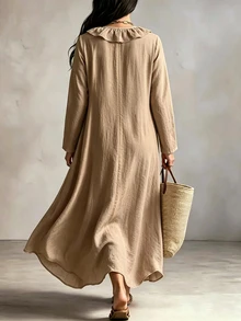 Linhara CURVE Women's Plus Size V-Neck Long Sleeve Dress, Autumn/Winter Sleeve Style Linen Dress Fall - Apricot - View 2