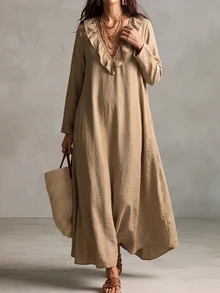 Linhara CURVE Women's Plus Size V-Neck Long Sleeve Dress, Autumn/Winter Sleeve Style Linen Dress Fall - Apricot - View 6