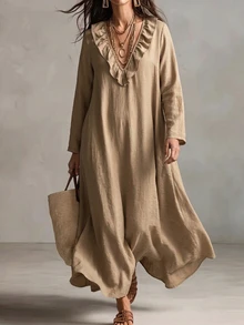 Linhara CURVE Women's Plus Size V-Neck Long Sleeve Dress, Autumn/Winter Sleeve Style Linen Dress Fall - Apricot - View 5