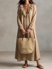 Linhara CURVE Women's Plus Size V-Neck Long Sleeve Dress, Autumn/Winter Sleeve Style Linen Dress Fall - Apricot - View 7