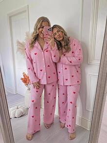 SHEIN CURVE+ Plus Heart Print Blouse & Wide Leg Pants - Multicolor - View 1