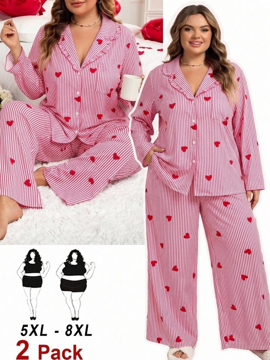 SHEIN CURVE+ بلوزة بطبعة قلب مقاس كبير & بنطلون بساق واسعة - متعدد الألوان - مشاهدة 1