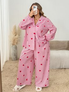SHEIN CURVE+ Plus Heart Print Blouse & Wide Leg Pants - Multicolor - View 7