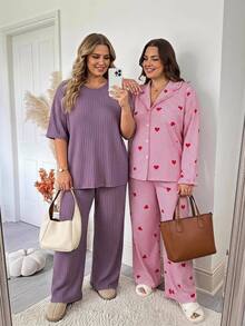 SHEIN CURVE+ Plus Heart Print Blouse & Wide Leg Pants - Multicolor - View 8