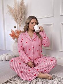 SHEIN CURVE+ Plus Heart Print Blouse & Wide Leg Pants - Multicolor - View 9