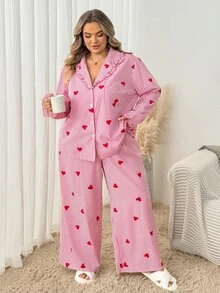 SHEIN CURVE+ Plus Heart Print Blouse & Wide Leg Pants - Multicolor - View 6