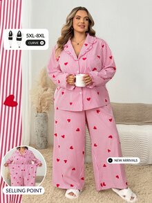 SHEIN CURVE+ Plus Heart Print Blouse & Wide Leg Pants - Multicolor - View 5