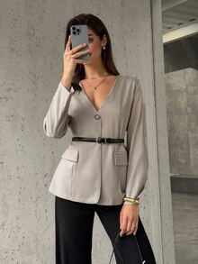 Firerie Women's Elegant Vintage Coin Textured Long Sleeve V-Neck Cinched Waist Blazer Jacket, Casual Urban Commute Wear, Beige/Khaki, Autumn/Winter - Khaki - View 6