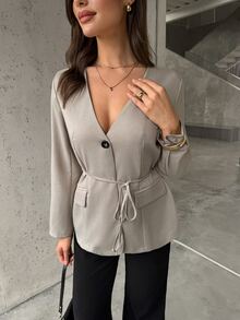 Firerie Women's Elegant Vintage Coin Textured Long Sleeve V-Neck Cinched Waist Blazer Jacket, Casual Urban Commute Wear, Beige/Khaki, Autumn/Winter - Khaki - View 4