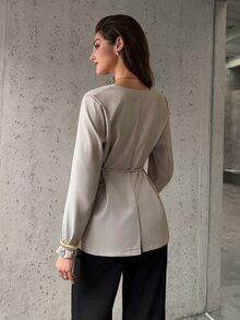 Firerie Women's Elegant Vintage Coin Textured Long Sleeve V-Neck Cinched Waist Blazer Jacket, Casual Urban Commute Wear, Beige/Khaki, Autumn/Winter - Khaki - View 2