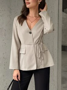 Firerie Women's Elegant Vintage Coin Textured Long Sleeve V-Neck Cinched Waist Blazer Jacket, Casual Urban Commute Wear, Beige/Khaki, Autumn/Winter - Khaki - View 10