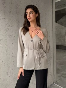 Firerie Women's Elegant Vintage Coin Textured Long Sleeve V-Neck Cinched Waist Blazer Jacket, Casual Urban Commute Wear, Beige/Khaki, Autumn/Winter - Khaki - View 7