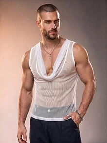ZURIURI Men's Draped Neck Mesh Sheer Tank Top - White - View 4