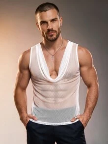 ZURIURI Men's Draped Neck Mesh Sheer Tank Top - White - View 2