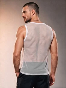 ZURIURI Men's Draped Neck Mesh Sheer Tank Top - White - View 3